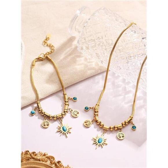 Bohemian Sun & Tree of Life Turquoise Charm Necklace and Bracelet Set - Picture 5 of 7